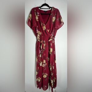 Rue + Bohemian FLORAL Print MAXI DRESS Size 1X Lined Vneck Burgundy